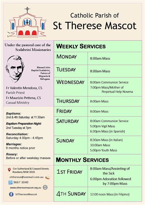 ALWAYS CHECK Bulletin for any changes in Weekday <b>Mass</b> times. . St therese mass schedule